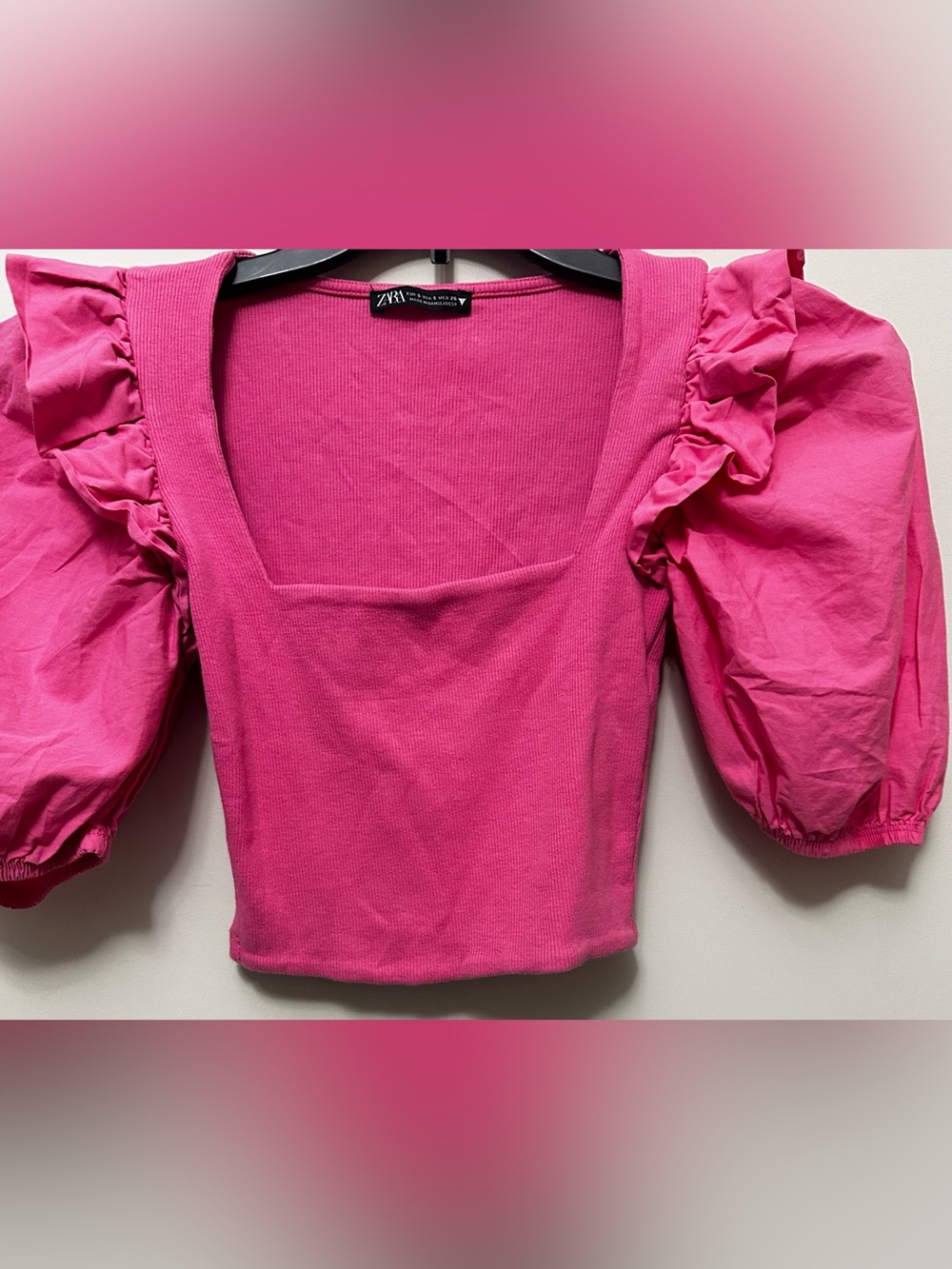 Zara Pink Square-Neck Puff-Sleeve Crop Top